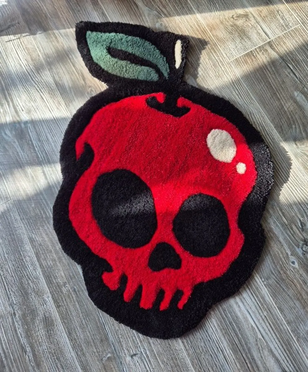 Red Apple / Halloween / Handmade / Rug / Carpet /  Red / Poison Apple / Skull / Tufted / Horror edition / Custom Design - Image 1