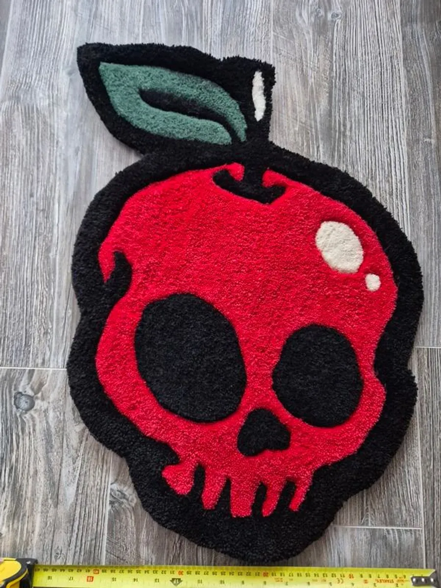 Red Apple / Halloween / Handmade / Rug / Carpet /  Red / Poison Apple / Skull / Tufted / Horror edition / Custom Design - Image 2