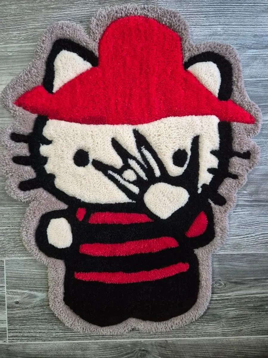 Hello Kitty / Handmade / Rug / Tufting / Halloween / Kid / Carpet / 100% wool /  Horror edition / Red & Black / Collector's Piece / Custom Design - Image 1