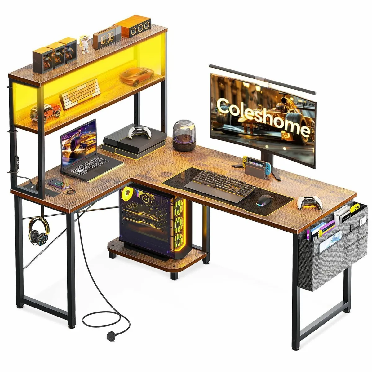 L Shaped Gaming Desk LED Lights & Power Outlet 115 - Image 1