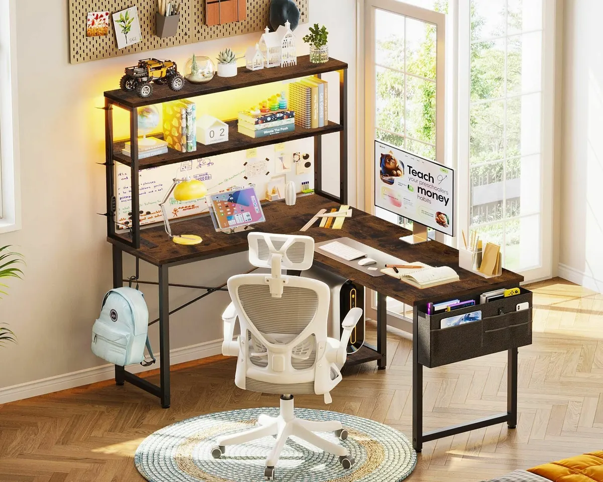 L Shaped Gaming Desk LED Lights & Power Outlet 115 - Image 2