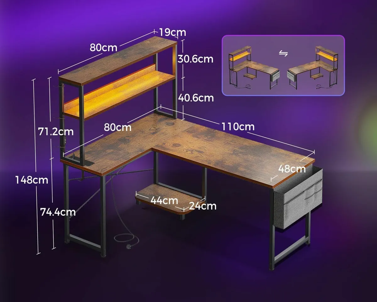 L Shaped Gaming Desk LED Lights & Power Outlet 115 - Image 3