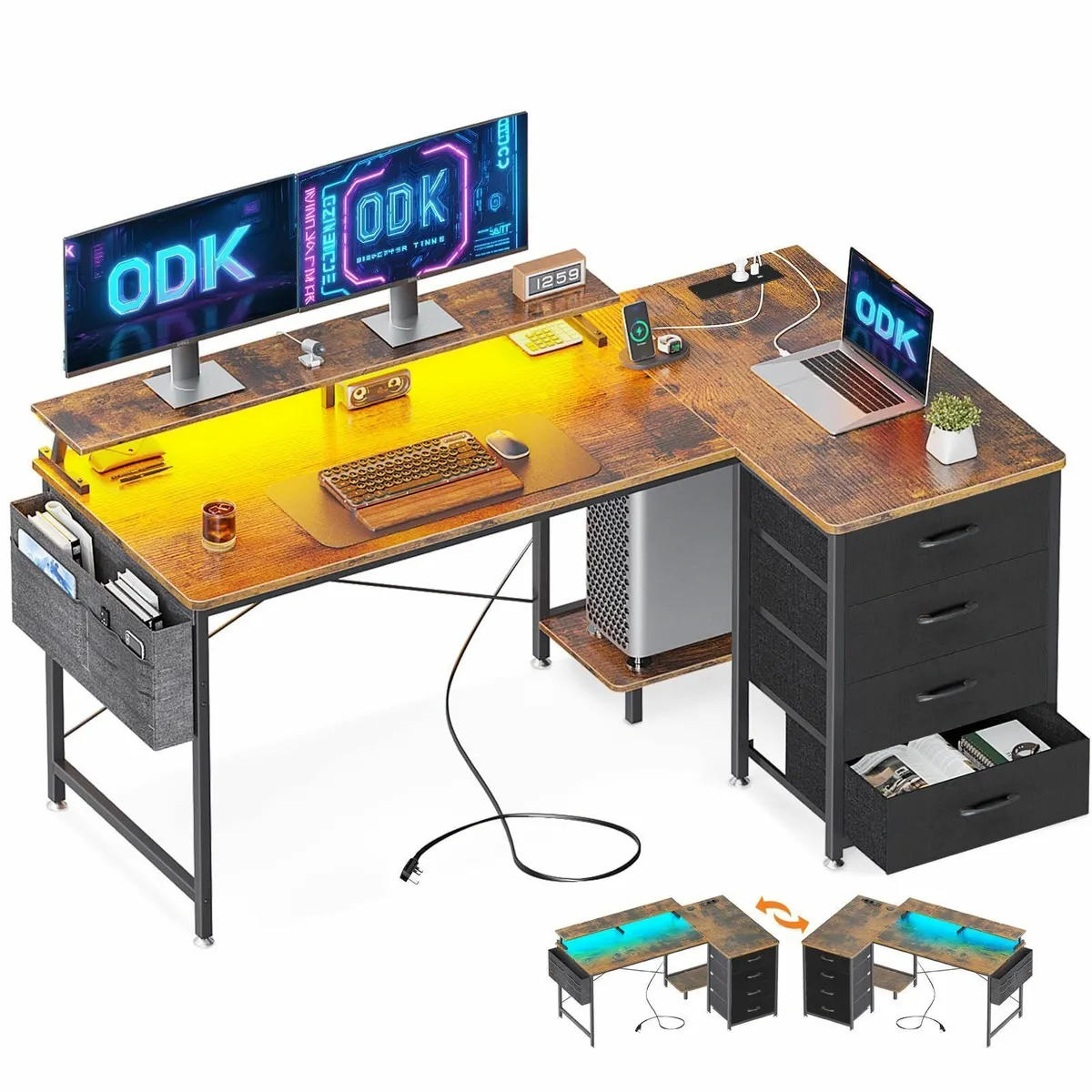 L Shaped Gaming Desk LED Lights & Power Outlets 14 - Image 1