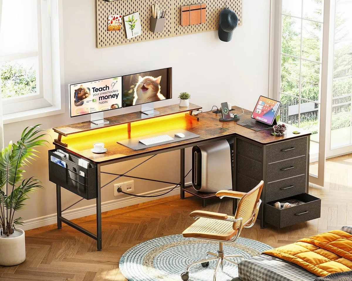 L Shaped Gaming Desk LED Lights & Power Outlets 14 - Image 2