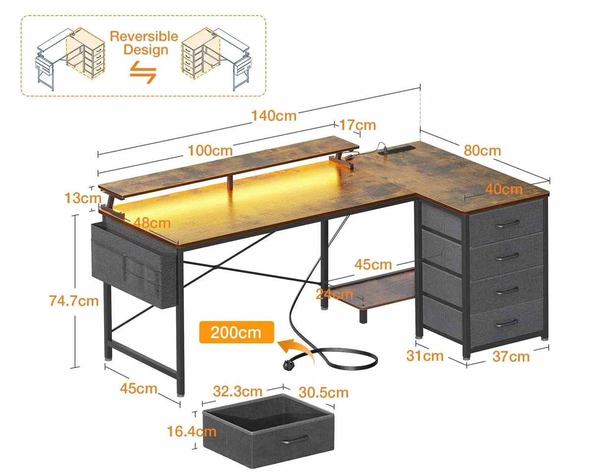 L Shaped Gaming Desk LED Lights & Power Outlets 14 - Image 3