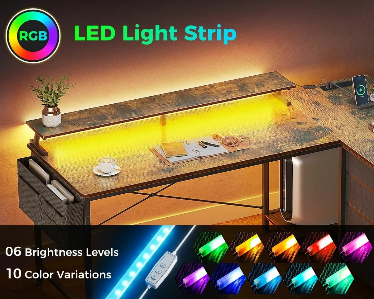 L Shaped Gaming Desk LED Lights & Power Outlets 14 - Image 4