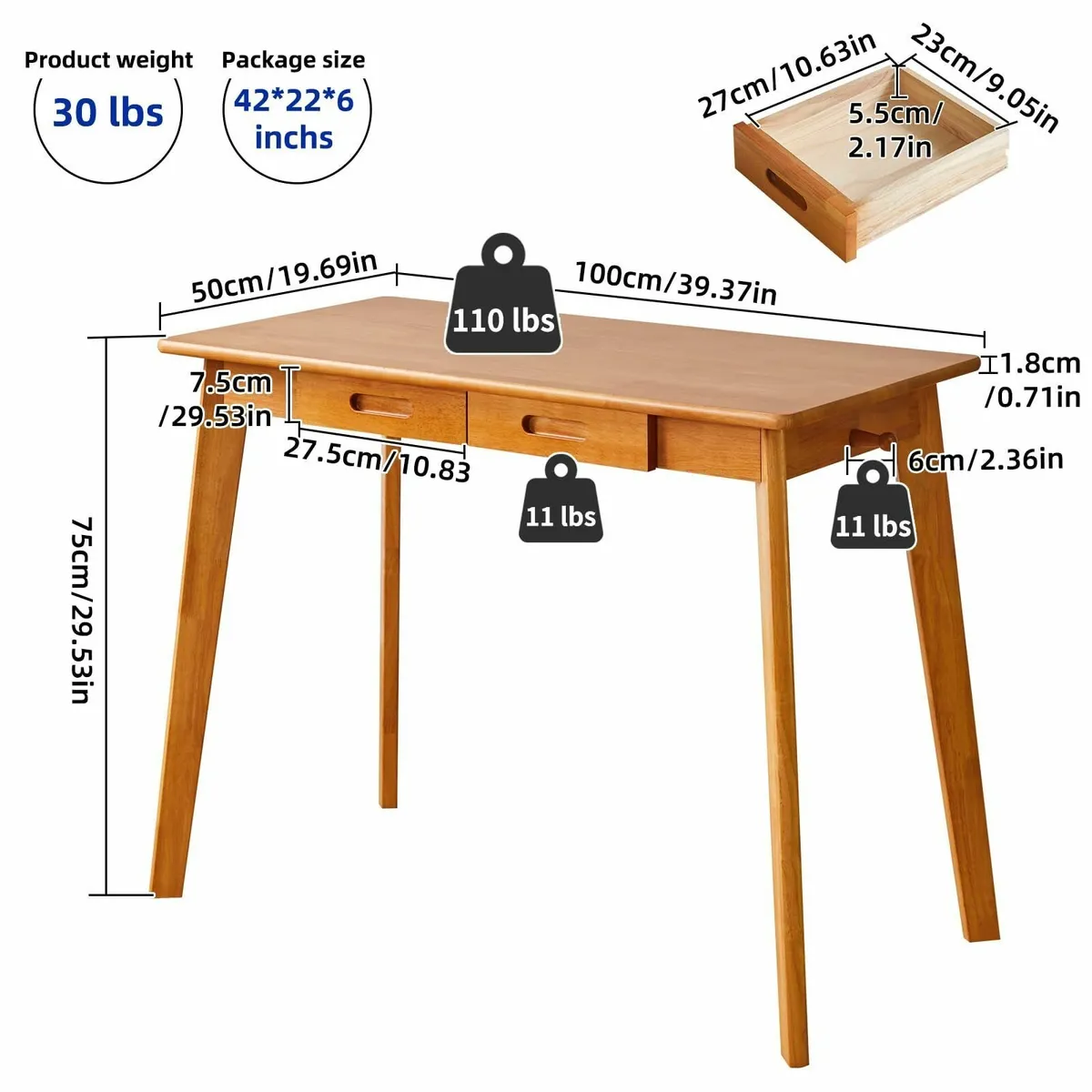 Wood Writing Desk Drawer and Hanging Rod Small Com - Image 3