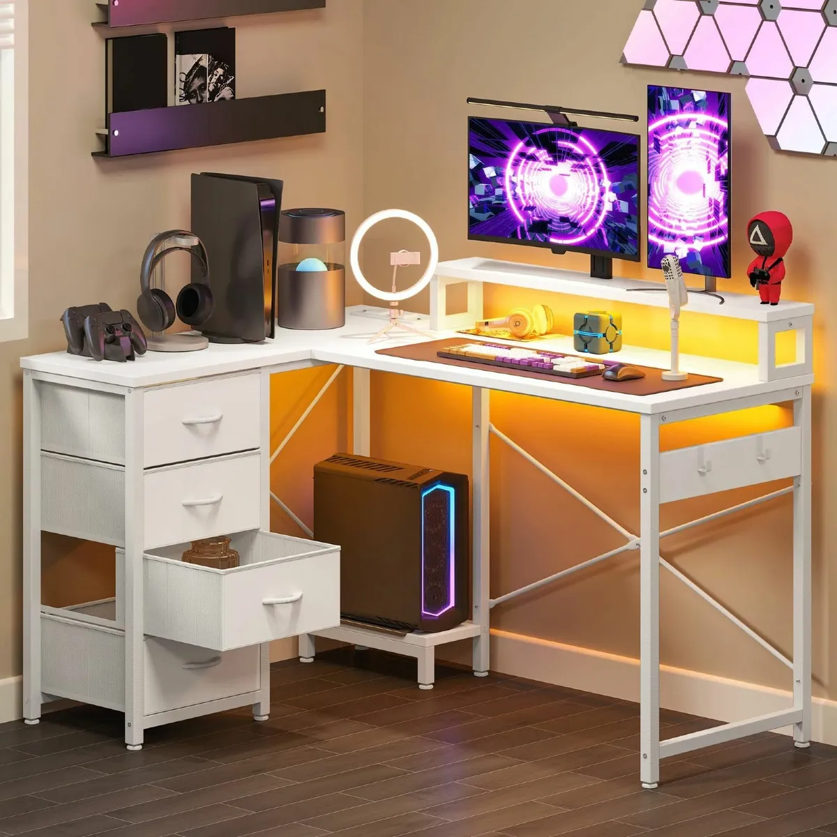 Computer Desk Drawers L Shaped Gaming Desks LED Li - Image 3