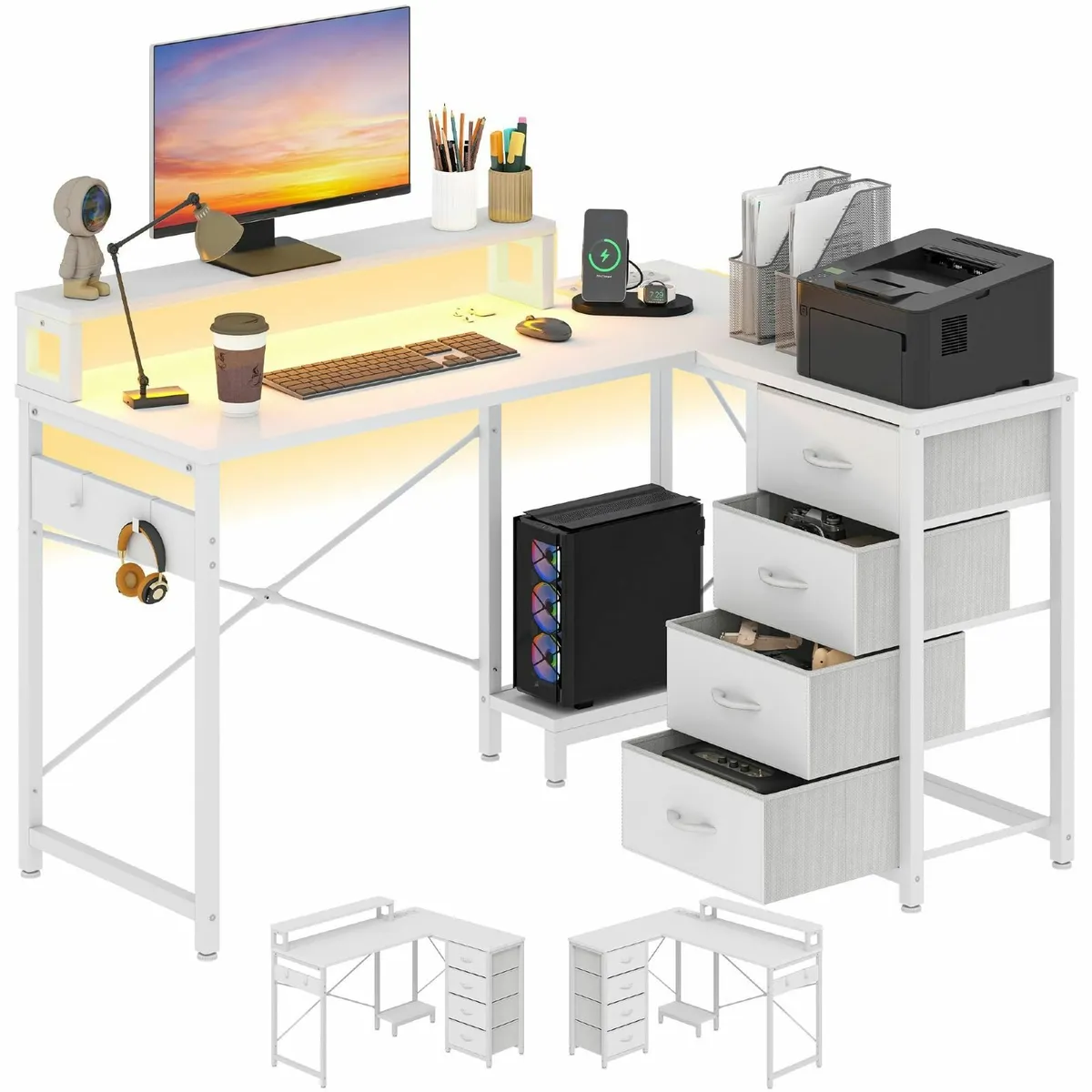 Computer Desk Drawers L Shaped Gaming Desks LED Li - Image 4