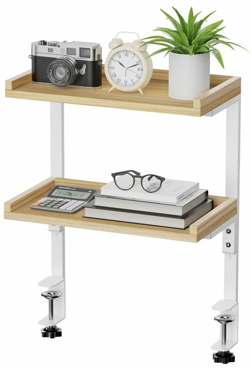 Clamp On Desk Shelf 2-Tier Wood Shelving Unit for - Image 1
