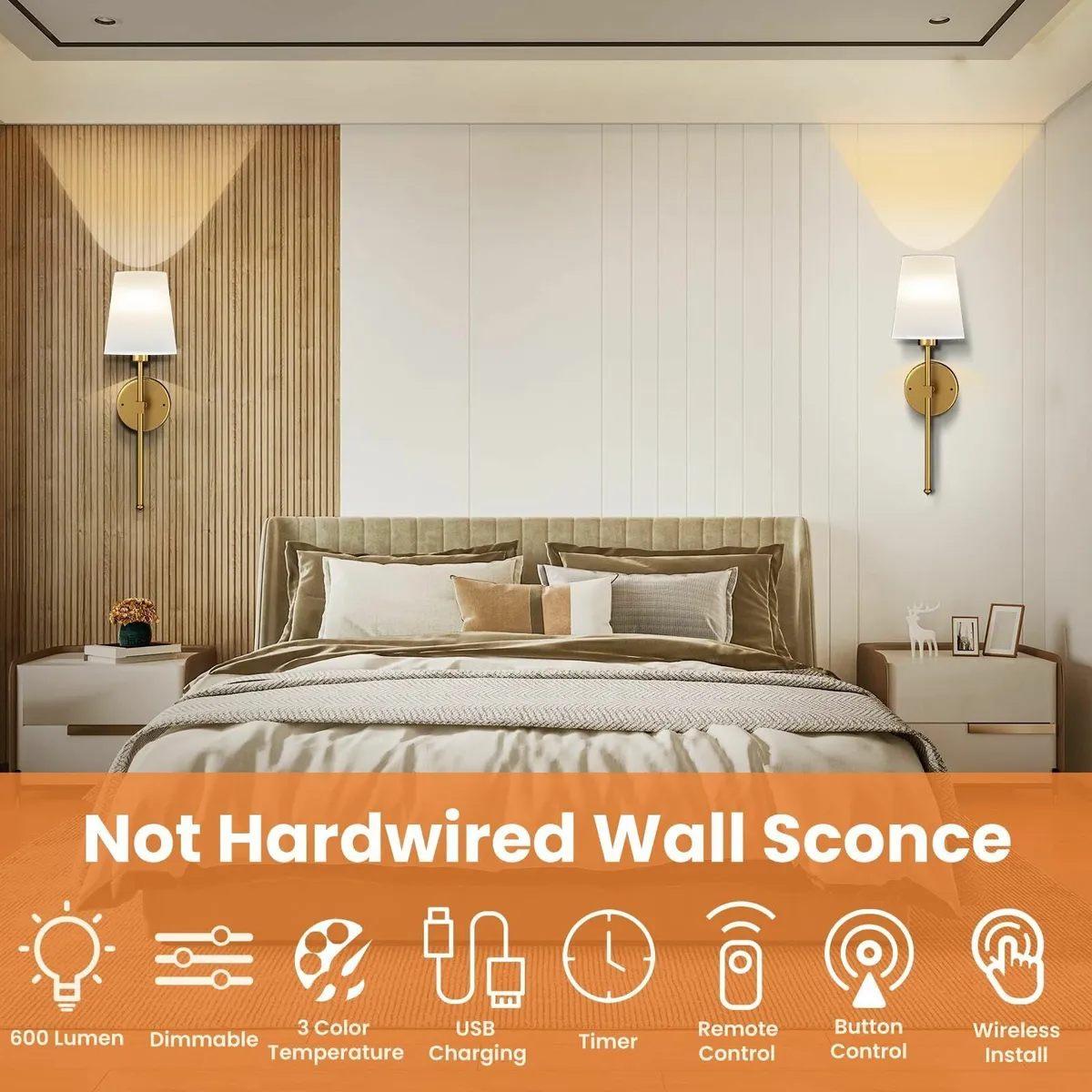Battery Operated Wall Sconce Set of 2 Rechargeable - Image 3