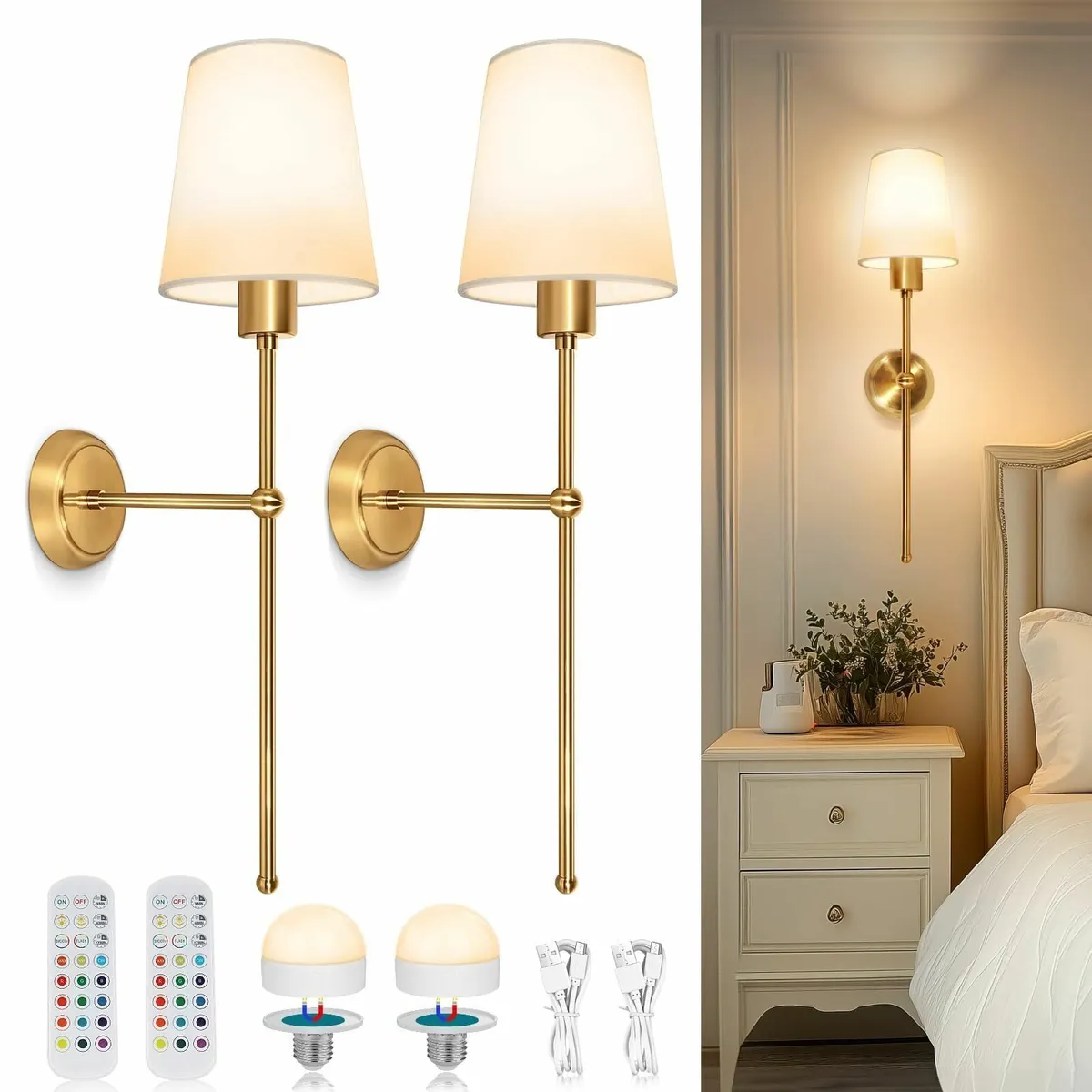 Battery-Operated Wall Sconces Fabric Shade Recharg - Image 1