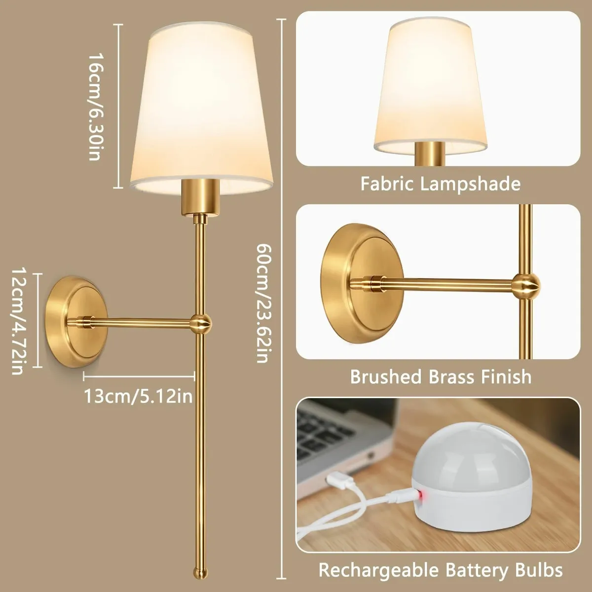 Battery-Operated Wall Sconces Fabric Shade Recharg - Image 3