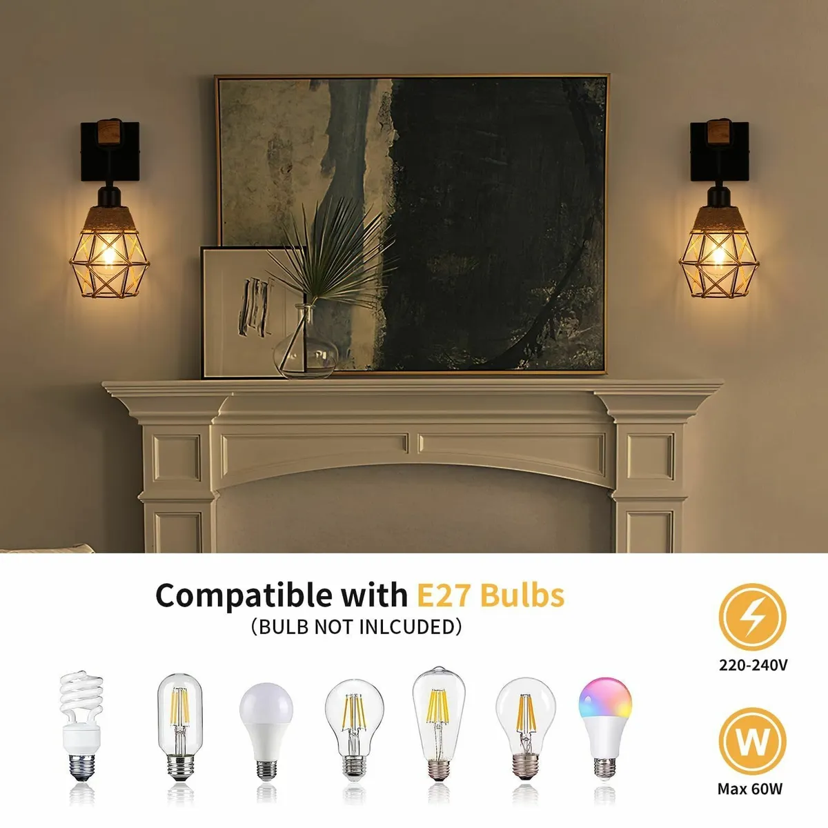 FORCOSO Wall Lights Indoor 2-Pack Vintage Wood Lam - Image 2