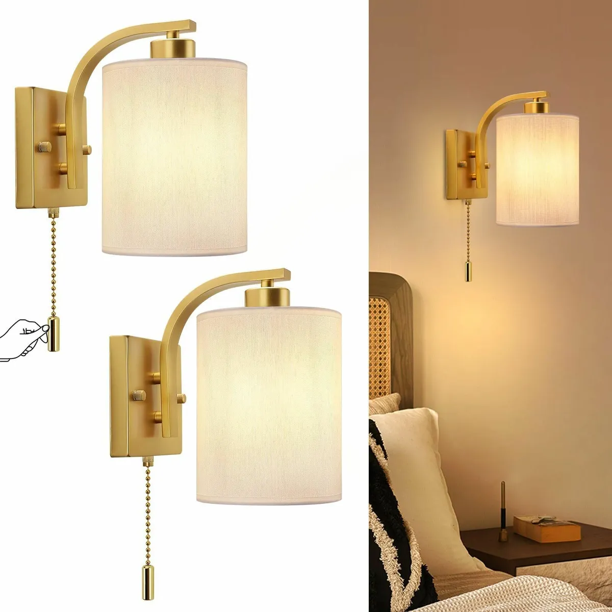 Glowlit Bedside Wall Lights Switch Gold Pull Cord - Image 1
