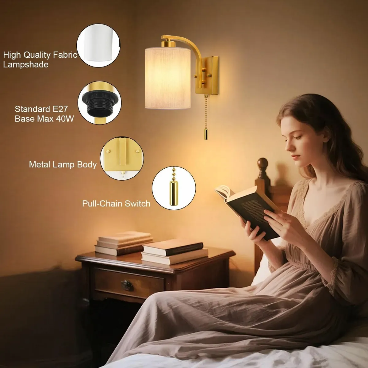 Glowlit Bedside Wall Lights Switch Gold Pull Cord - Image 2