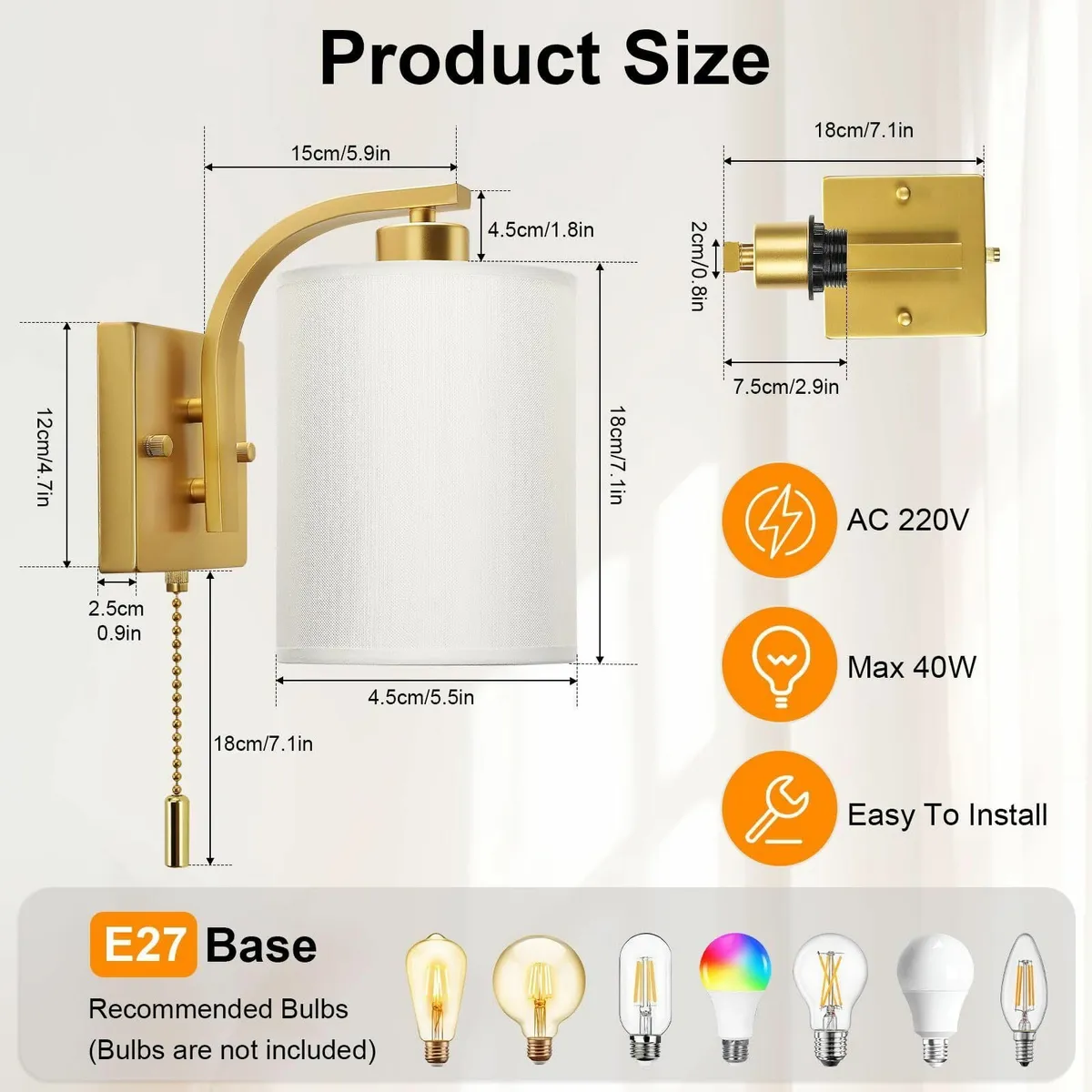 Glowlit Bedside Wall Lights Switch Gold Pull Cord - Image 3