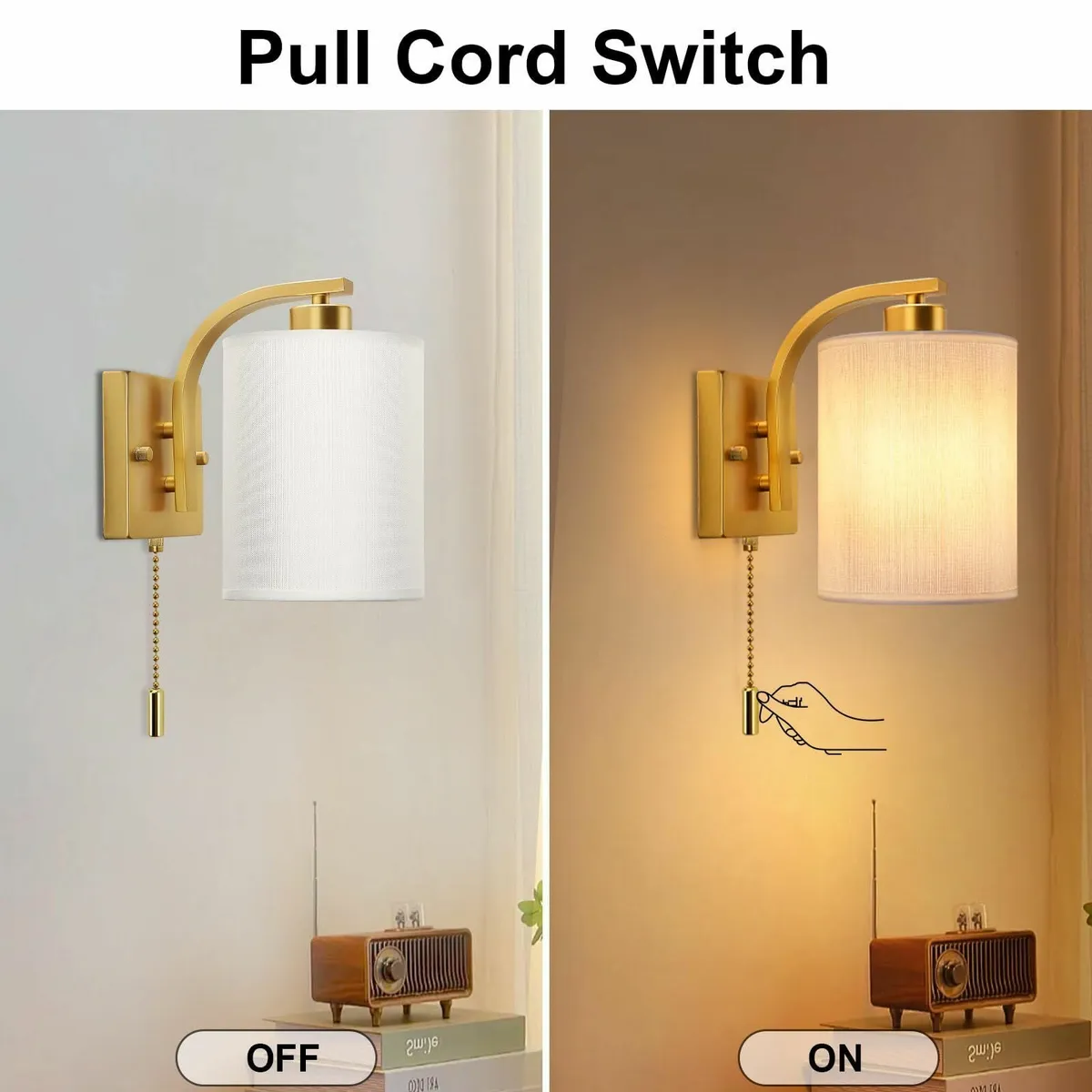 Glowlit Bedside Wall Lights Switch Gold Pull Cord - Image 4