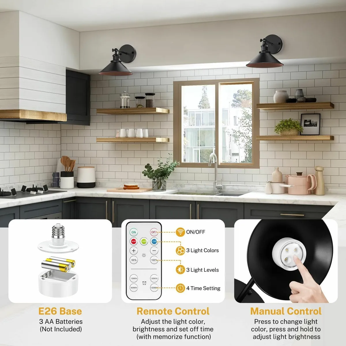 Battery Operated Wall Light Set of 2 Wireless Ligh - Image 3