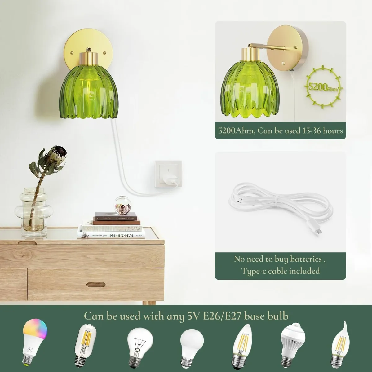 Vintage Battery Operated Wall Lights 5200mAh Recha - Image 3