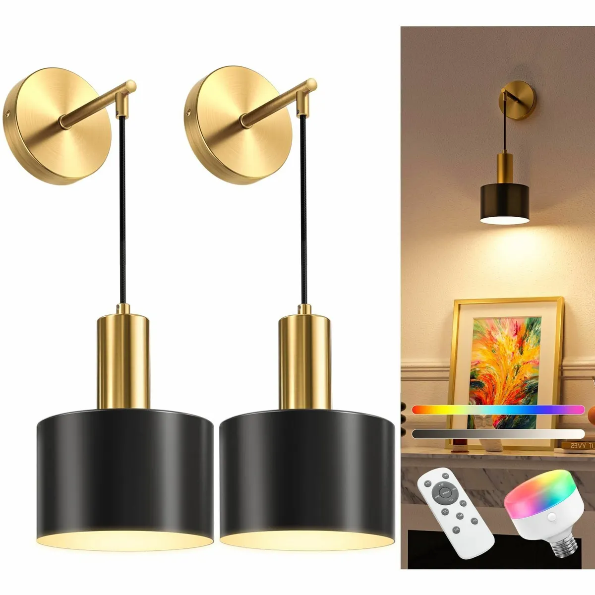 Battery Operated Wall Sconces Gold & Black Lights - Image 1