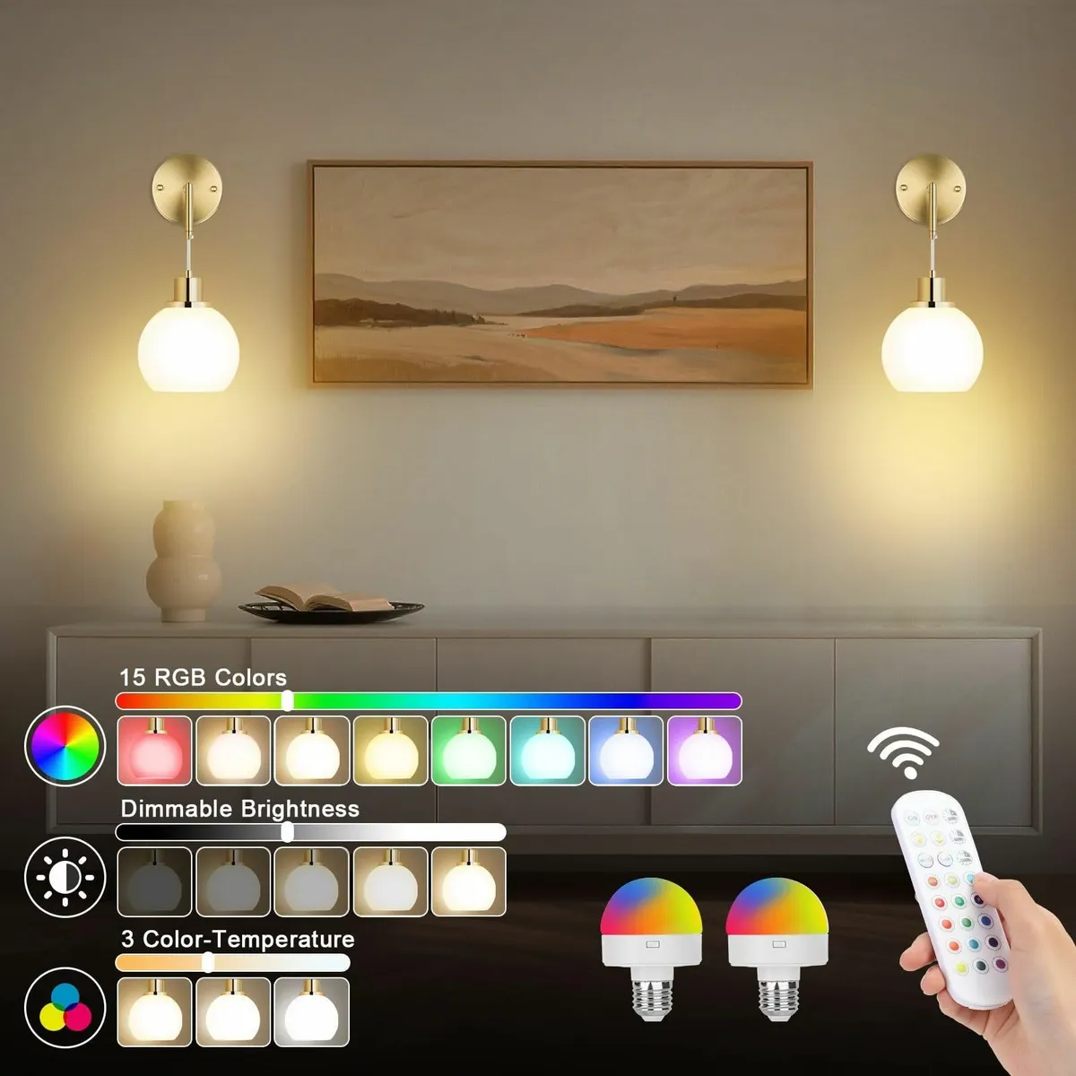 Lightess 2 Pack Battery Operated Wall Lights Glass - Image 2
