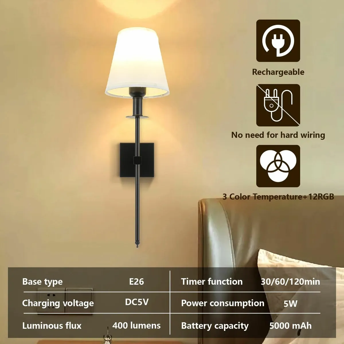 Rechargeable Battery Operated Wall Sconces - Wirel - Image 3