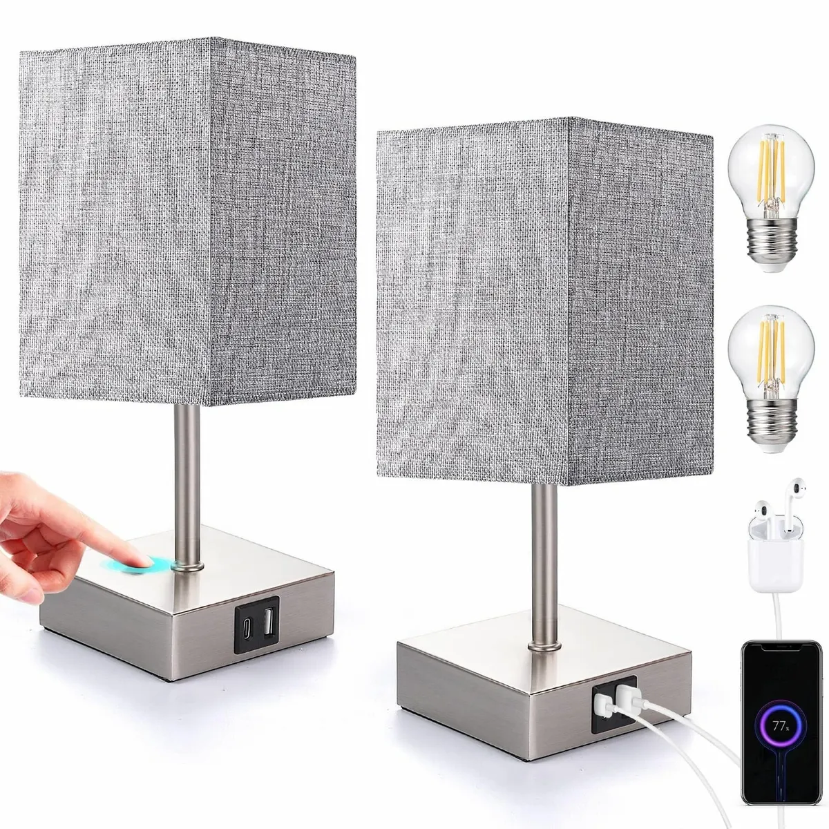 EDISHINE Bedside Lamps Set of 2 3 Way Dimmable Tab - Image 1