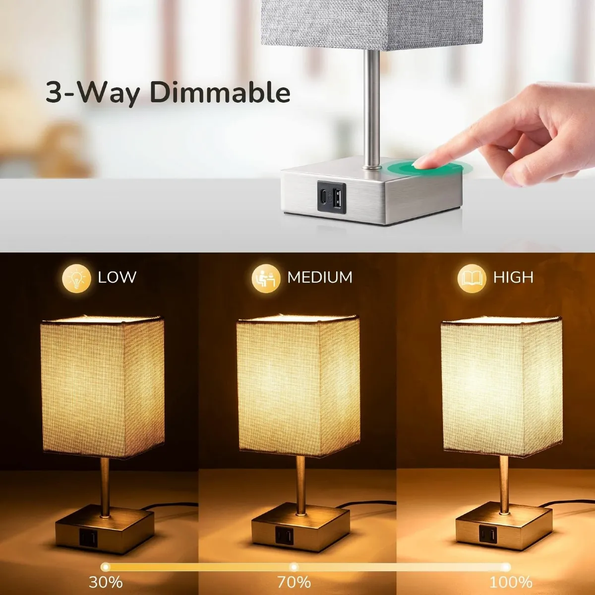 EDISHINE Bedside Lamps Set of 2 3 Way Dimmable Tab - Image 3