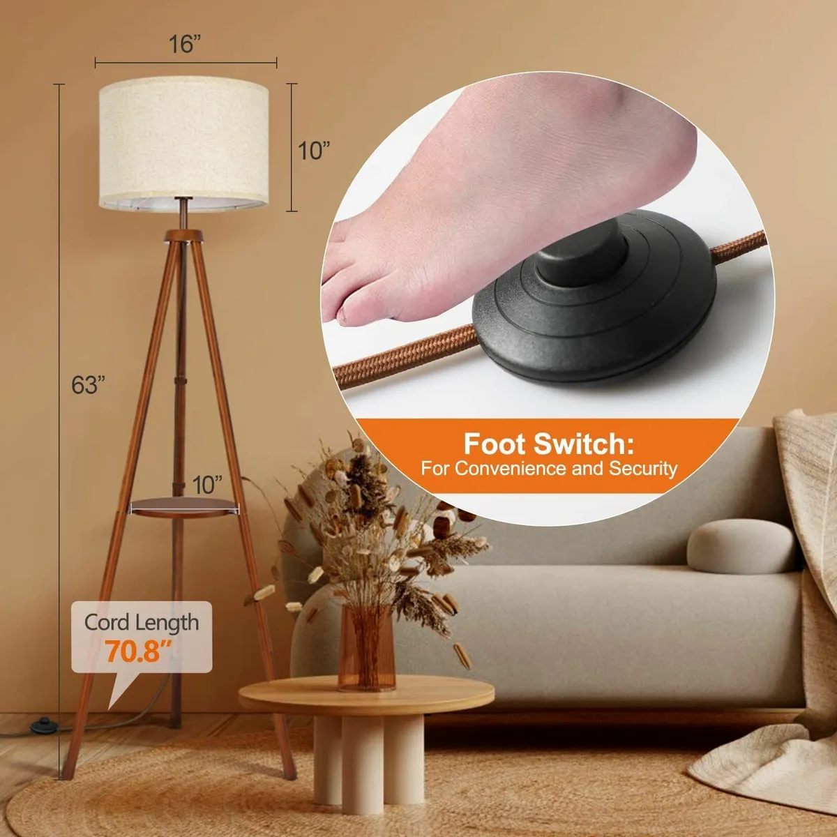 OUTON Solid Wooden Tripod Floor Lamp Bulb Included - Image 4