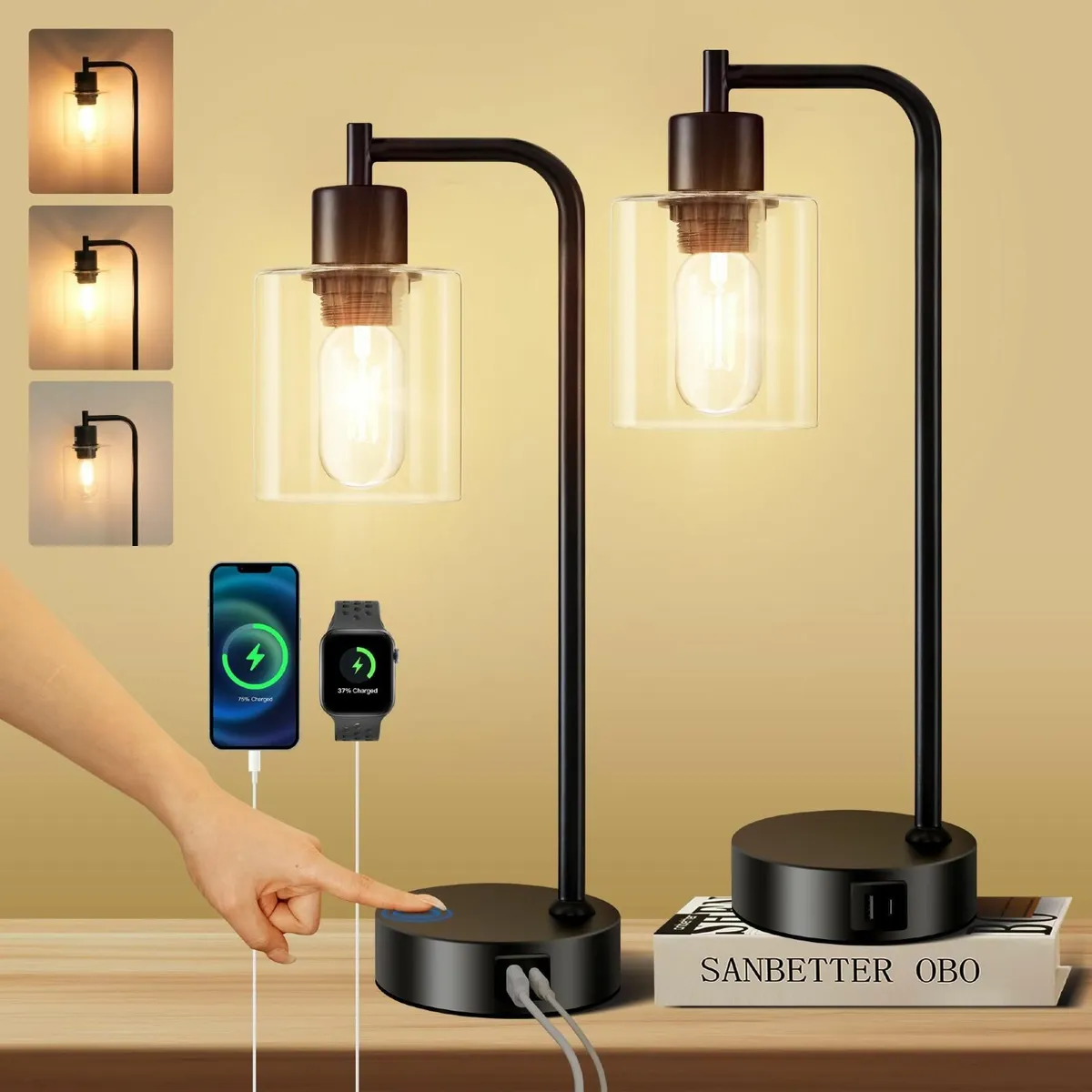 Touch Lamp Bedside Set of 2 Dimmable Lamps USB C+A - Image 1