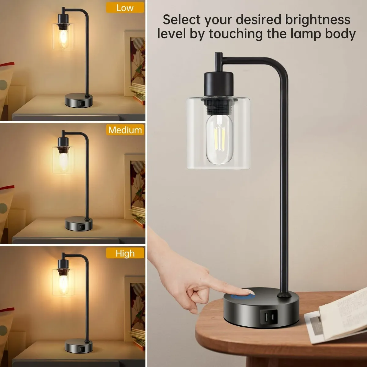 Touch Lamp Bedside Set of 2 Dimmable Lamps USB C+A - Image 3