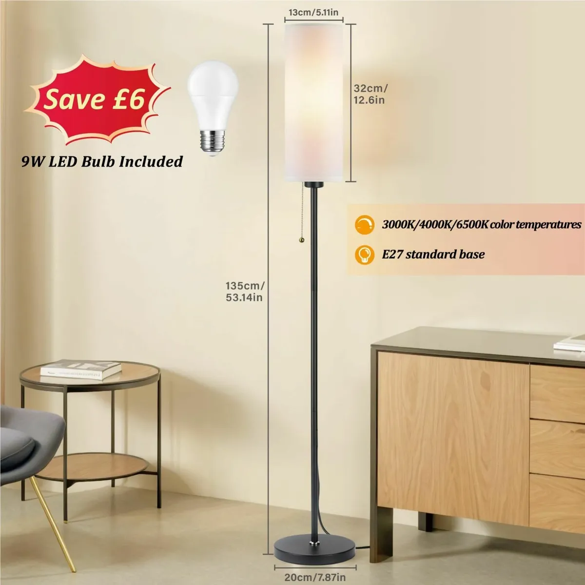 Floor Lamp White Standing 3 Color Temperatures 9W - Image 3