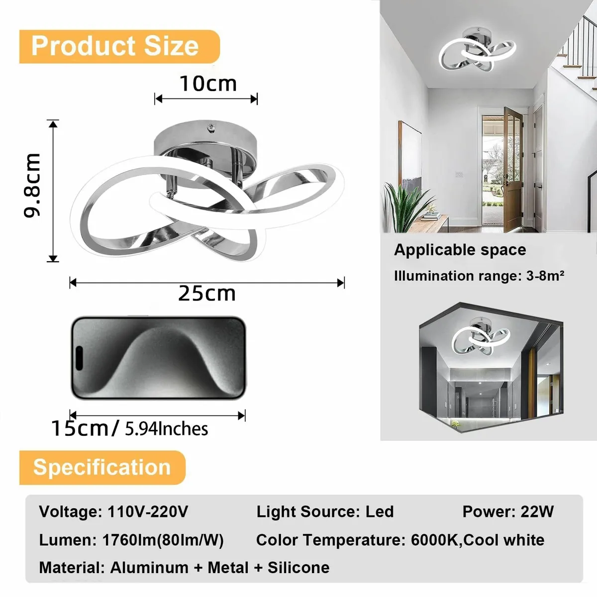 Modern Chrome Ceiling Lights LED 25cm Silver Curve - Image 2