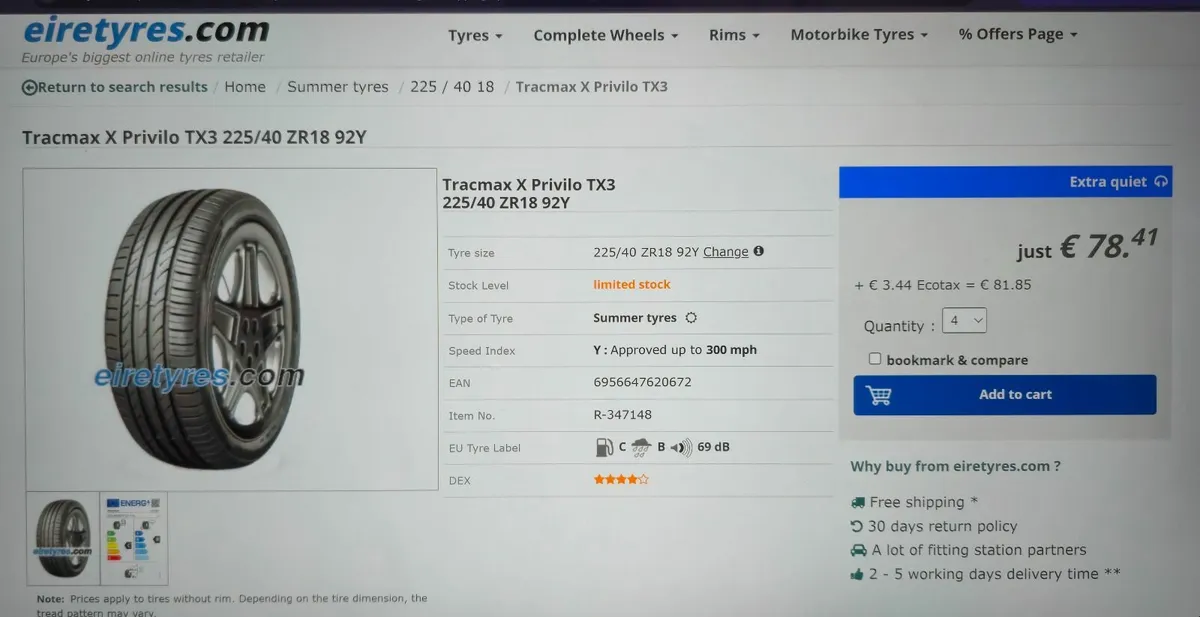 TRACMAX TX3  225/40/ ZR18   ONE TYRE LIKE NEW - Image 2