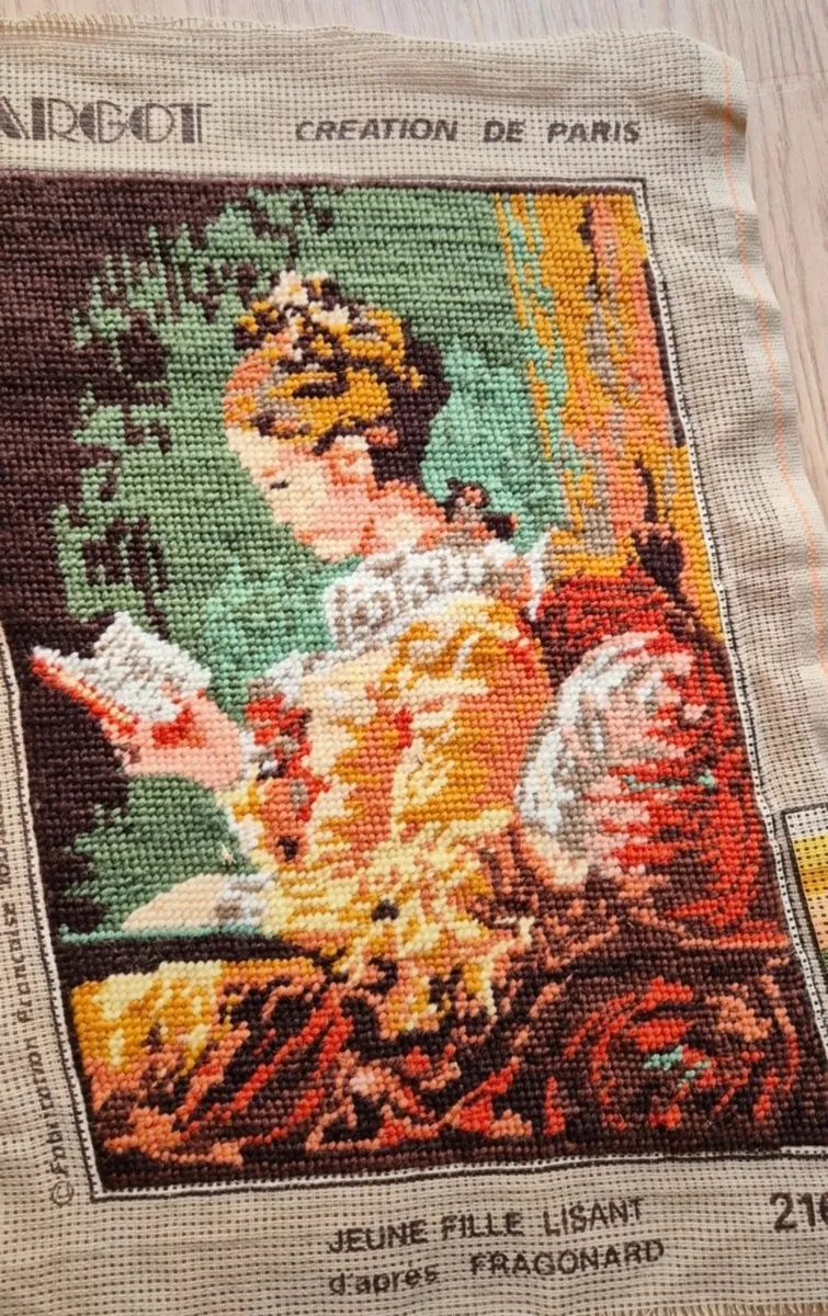 Young girl reading, handmade French tapestry