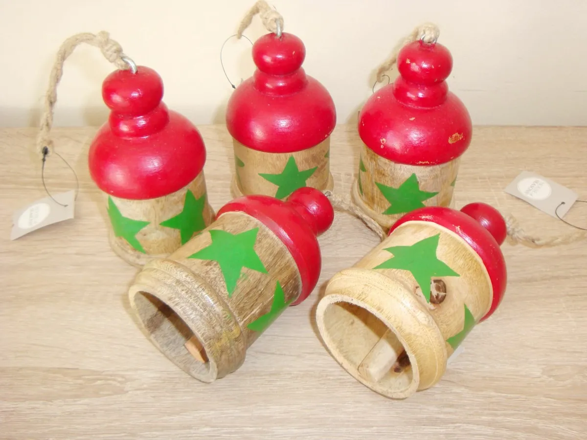 5 Wooden bells Christmas decorations wreath making - Image 1