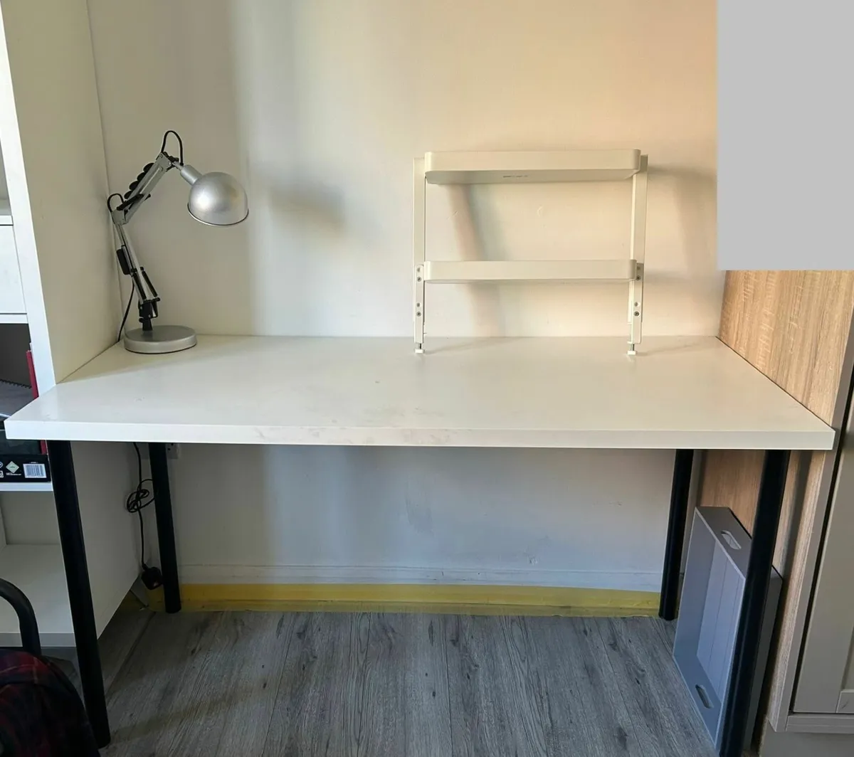 Ikea desk with shelving and lamp