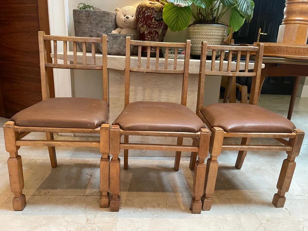 3 x Genuine Leather Vintage Kitchen Dining Chairs - Image 1
