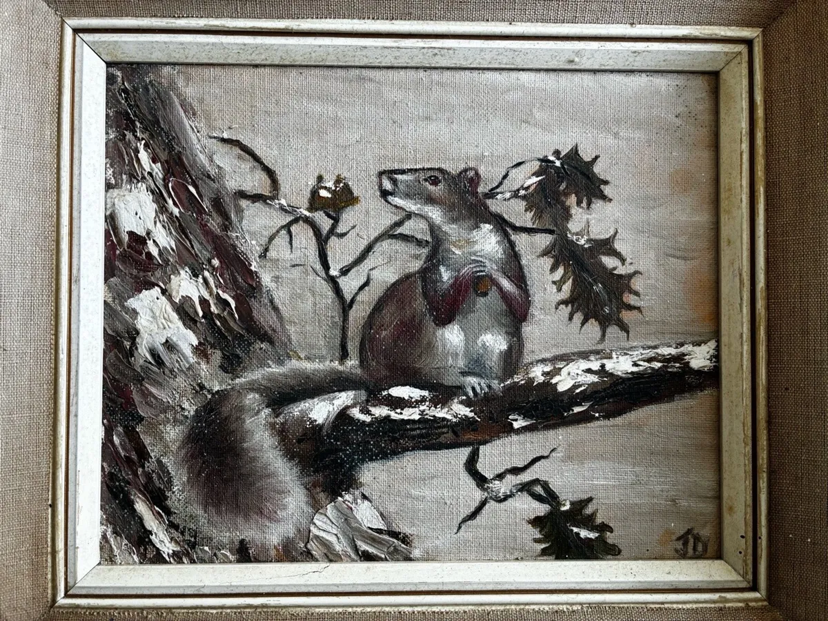 Vintage Oil Painting – Squirrel on Branch - Image 1