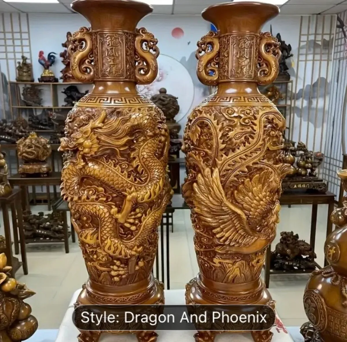Oriental dragon themed pair vases hand painted - Image 1
