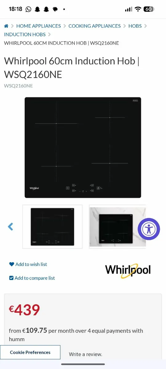 Whirlpool induction hob 60cm - Image 1