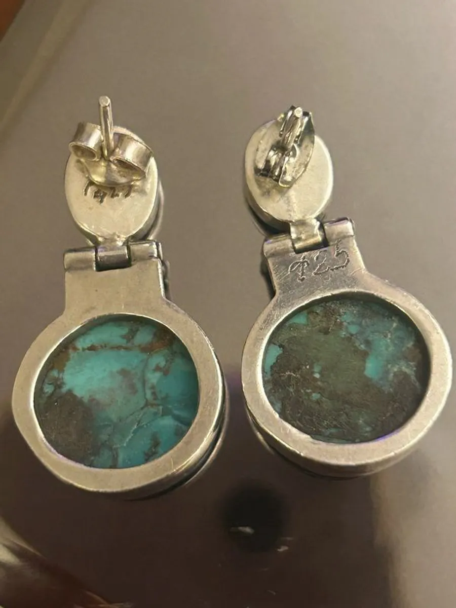 Turquoise & Silver artisan handmade Mexican earrings - Image 2