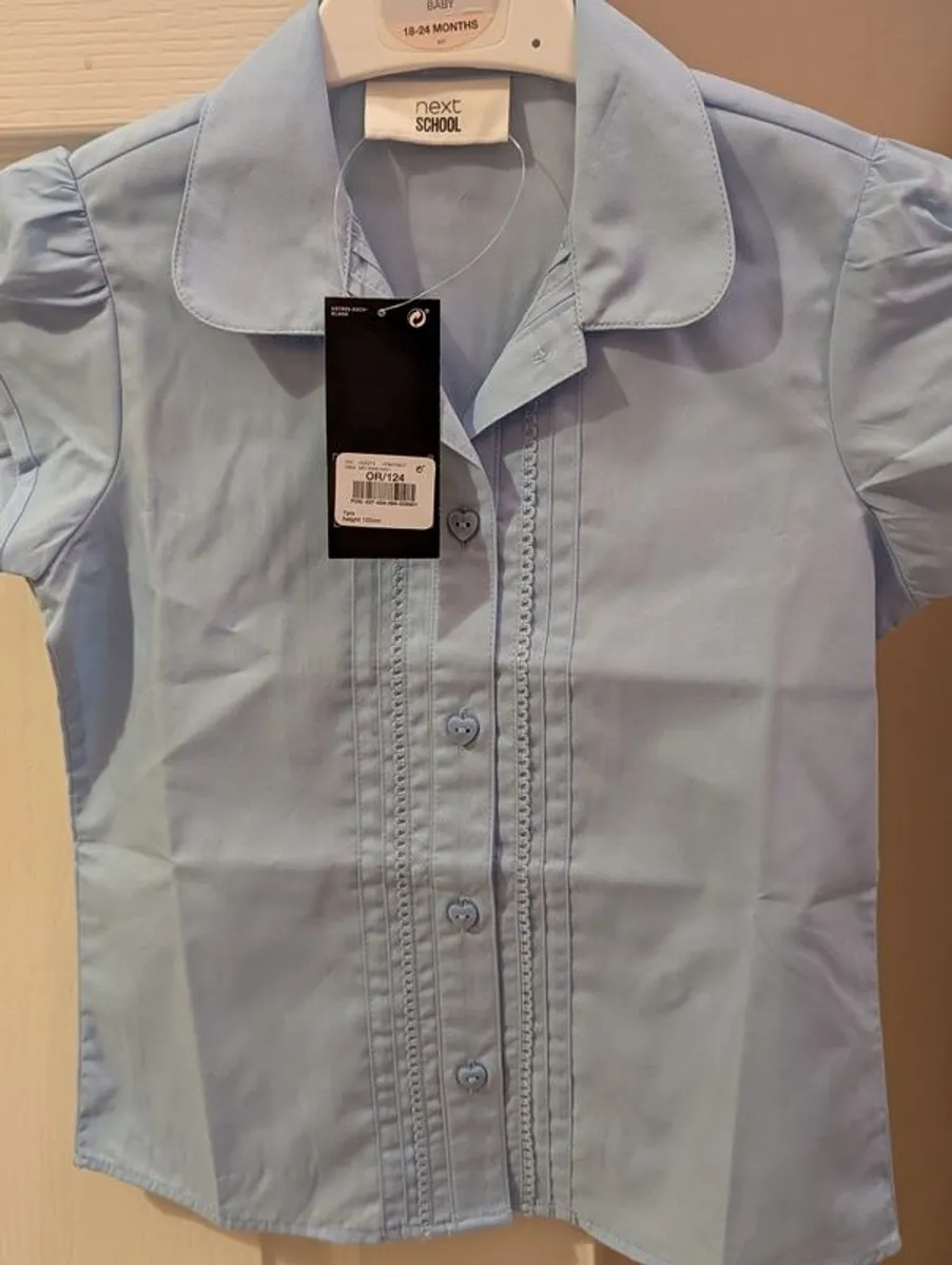 Short sleeve next blouses and navy shorts for under pinafore - Image 1