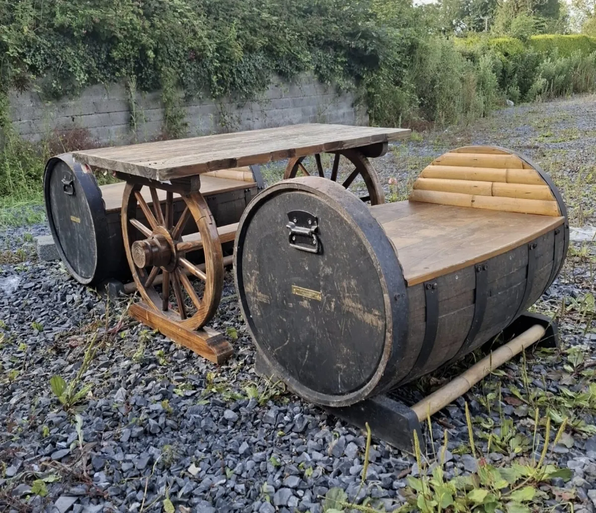 Whiskey barrel bench and table set