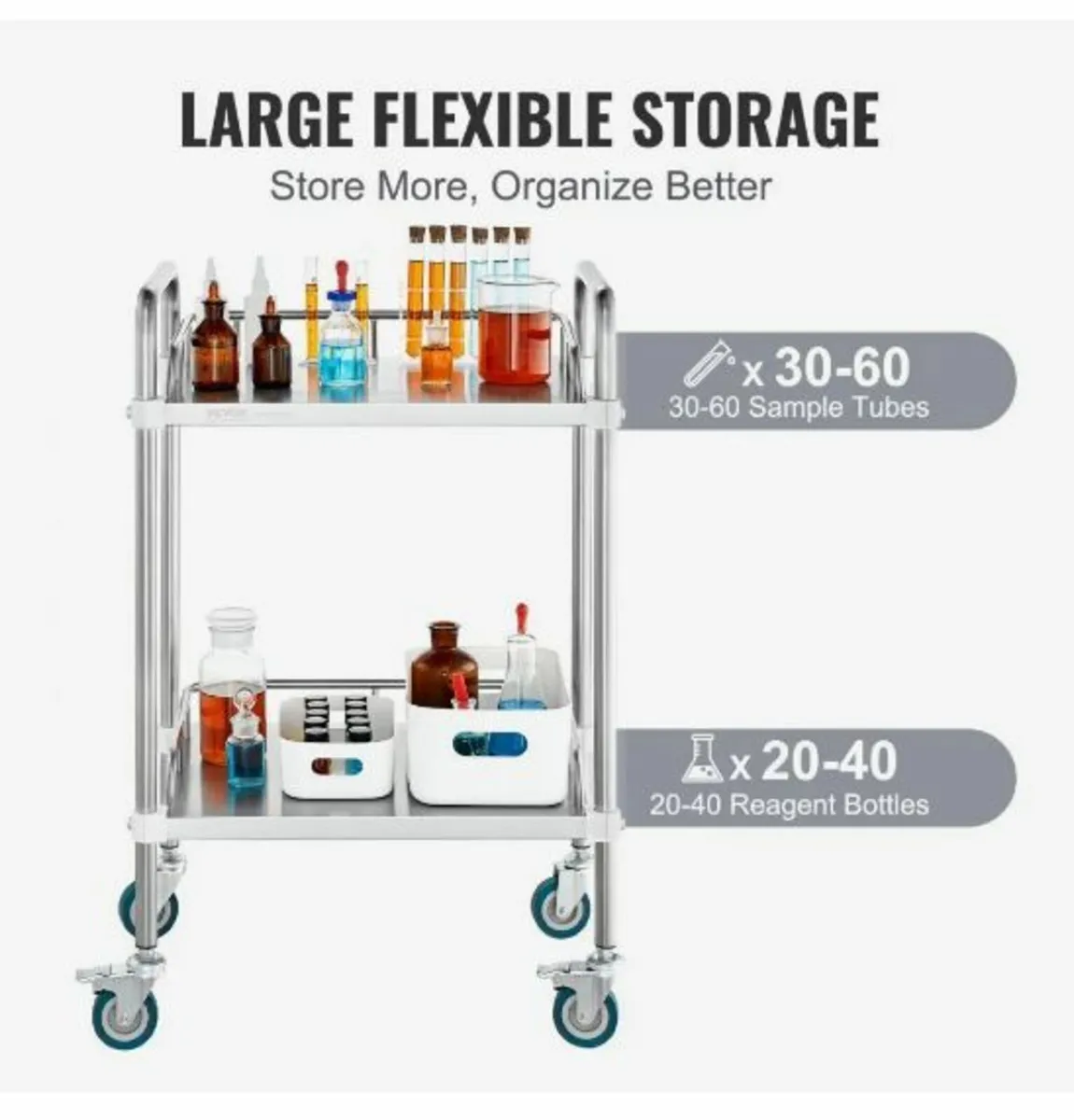 Lab Rolling Cart, 2-Shelf Stainless Steel - Image 2