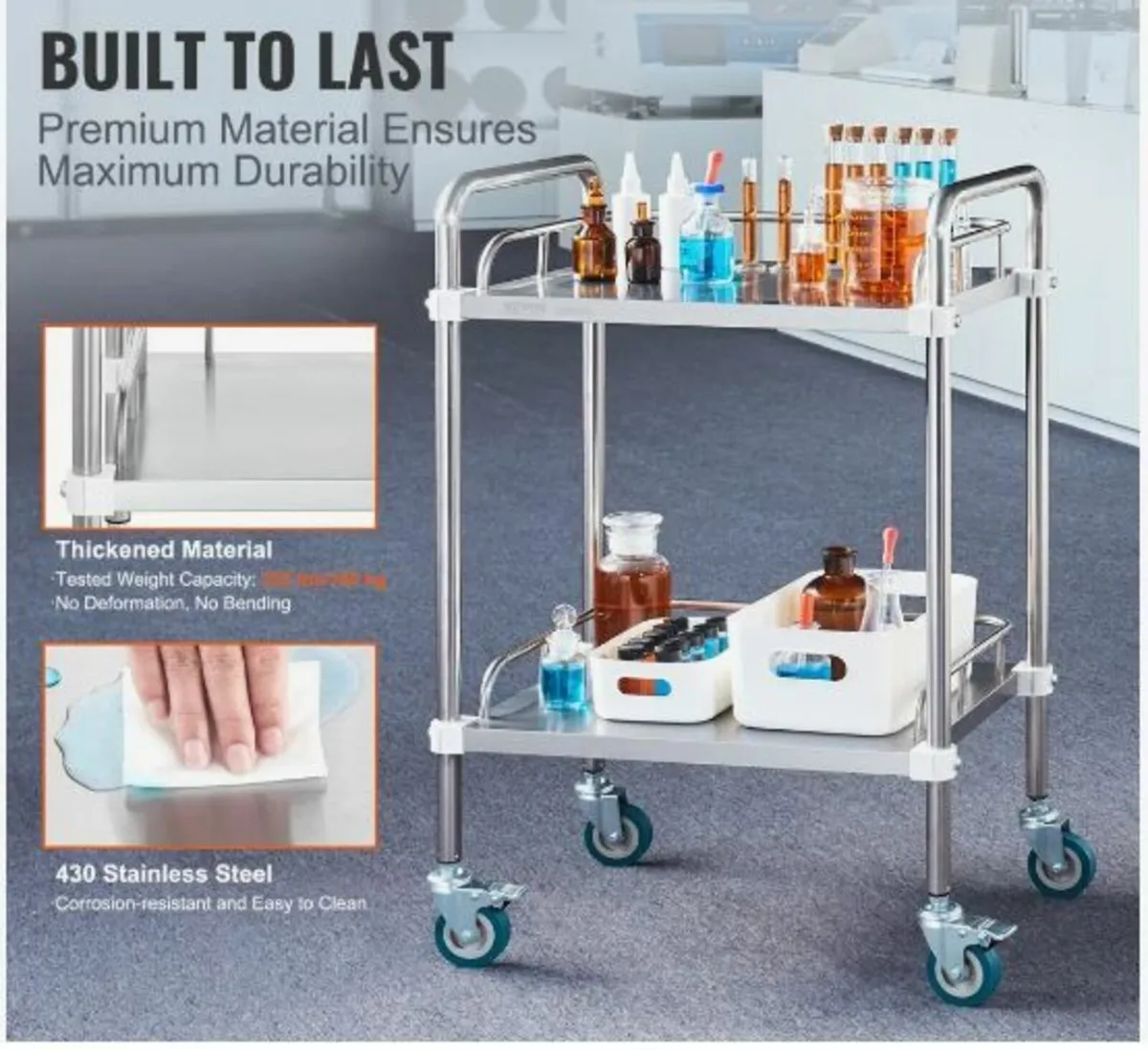 Lab Rolling Cart, 2-Shelf Stainless Steel - Image 4
