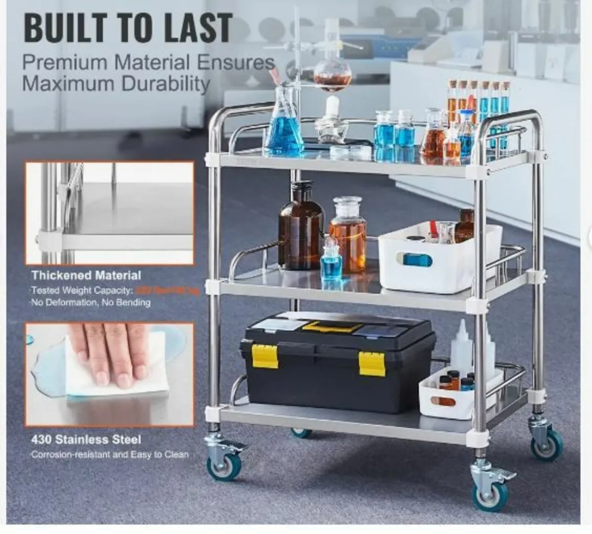 Lab Rolling Cart, 3-Shelf Stainless Steel - Image 2