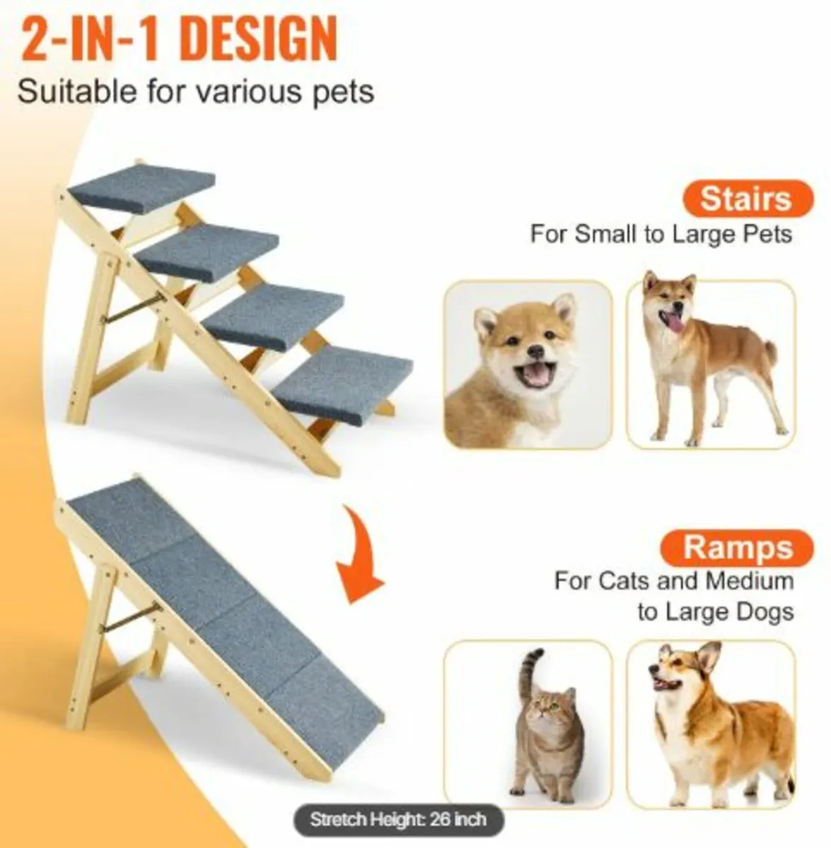 Wood Pet Stairs/Pet Steps, 2-in-1 Foldable Wooden - Image 3
