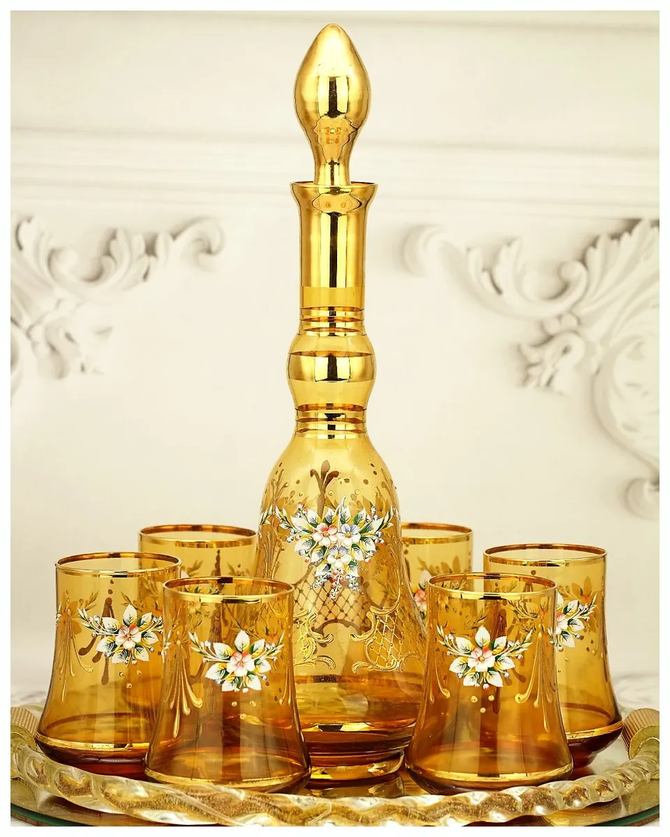 Vintage Venetian Murano Amber Glass Decanter Set - Image 1